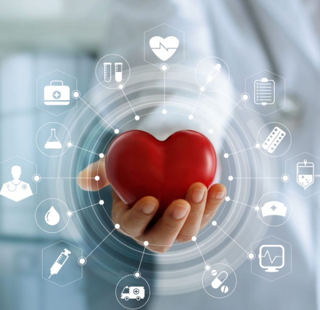 artistic image of hand holding red heart surrounded by health icons